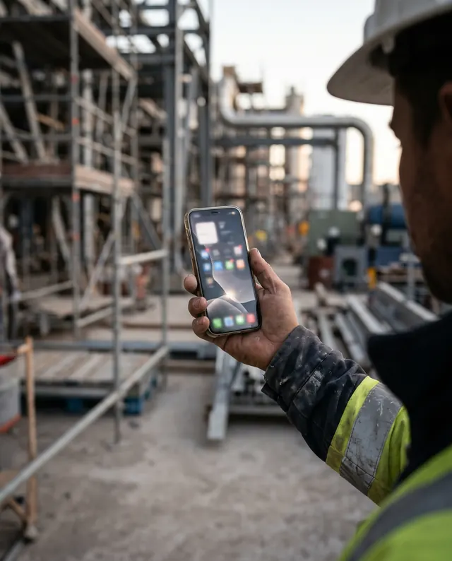Trabajador con casco y chaleco sostiene un celular en una obra