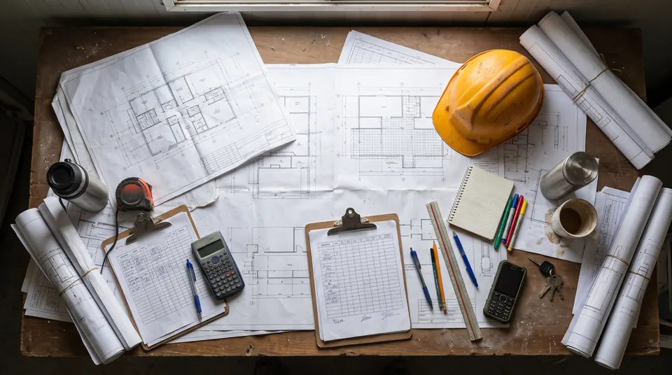 Escritorio de residente de obra con planos, listas de asistencia en papel, casco y calculadora
