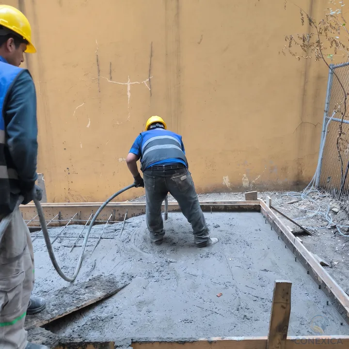 Colado de una base de concreto con vibrador sobre cimbra y acero de refuerzo
