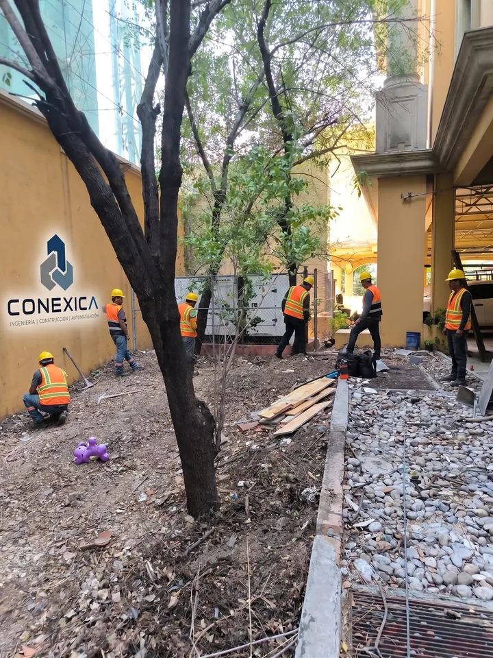 Cuadrilla limpiando un área exterior con árboles junto a un edificio
